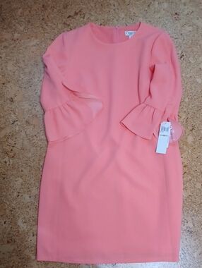 Maggy L Coral Scoop Neck Midi 3/4 Sleeve Shift Dress Size 12 NWT